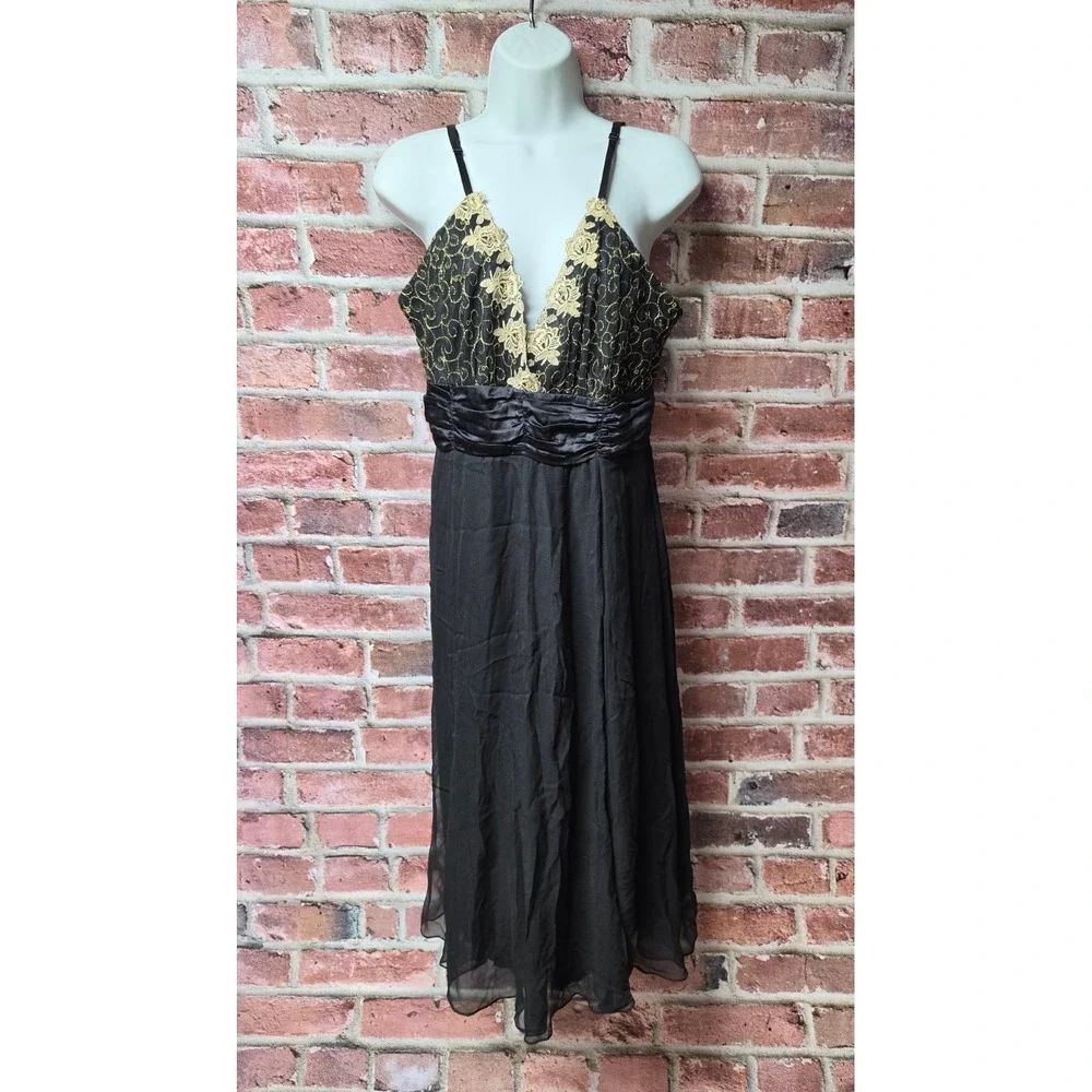 Women's JONATHAN MARTIN Black Gold Lace Bodice Chiffon Formal Dress Size 12